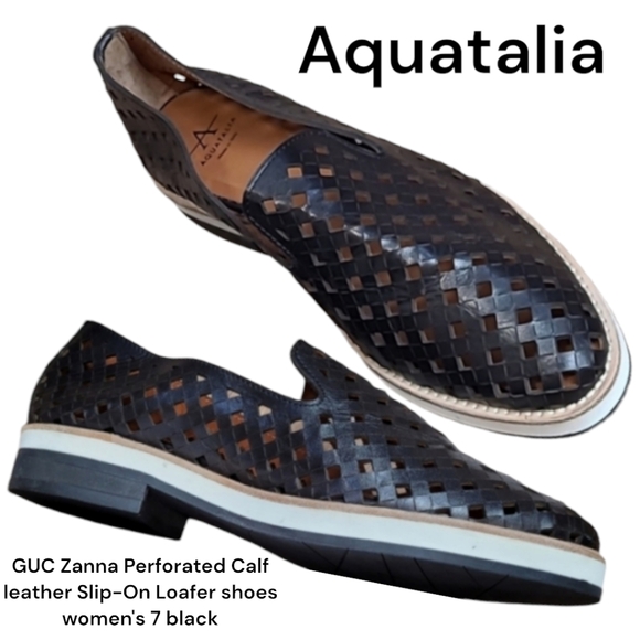 Aquatalia Zanna Perforated Calf leather Slip-On Loafer shoes women's 7 black - Picture 1 of 16